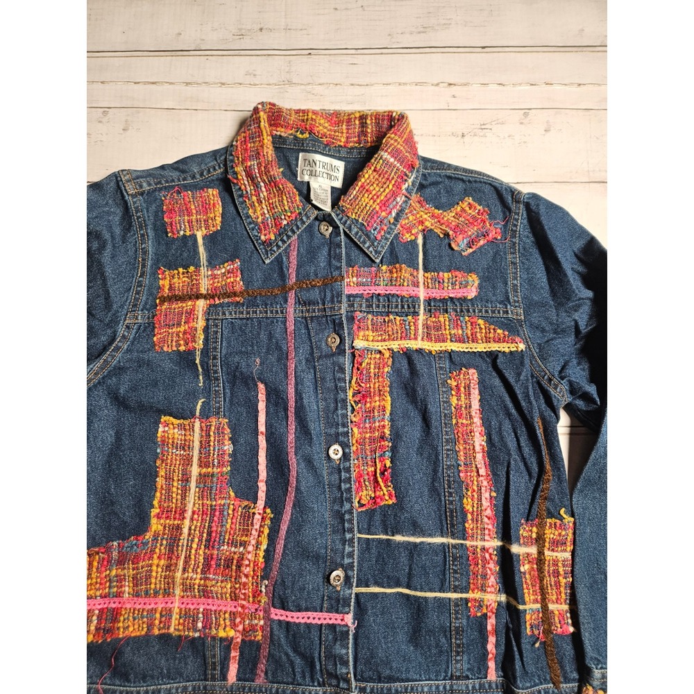 Tantrums Collection Womens XL Denim Jacket Mixed Media Patchwork Artsy Boho Blue